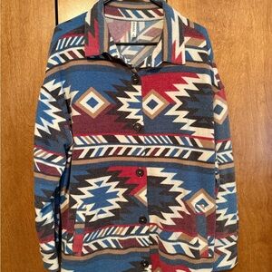 Southwestern Aztec Pattern Button-Up Jacket - Blue, Red, Cream